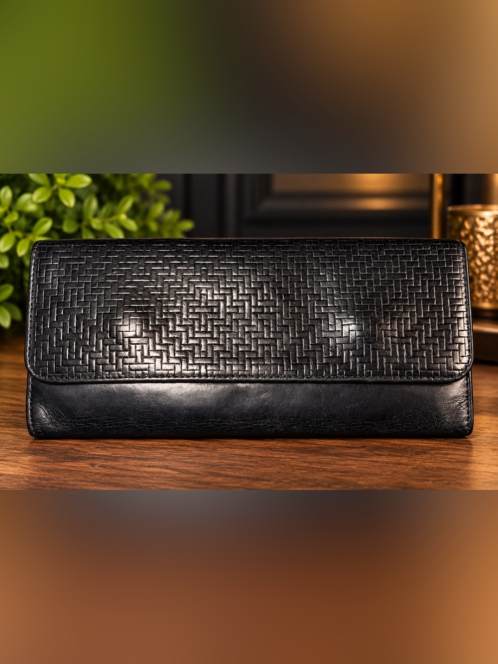 HOBO Black Woven Leather Clutch Wallet #48